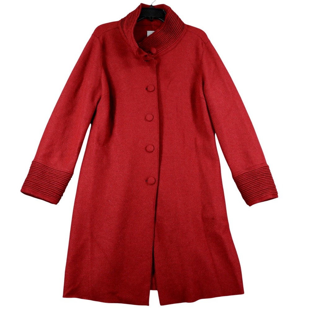 J.Jill Alpaca Wool Coat Women M Red Ribbed Trim Funnel Neck Winter Outerwear
